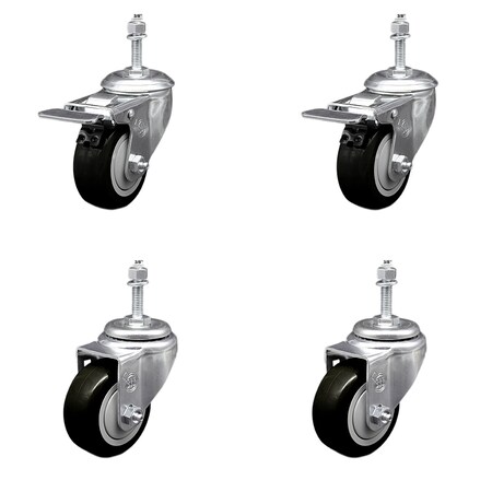 Service Caster 3 Inch SS Black Poly Swivel 3/8 Inch Threaded Stem Caster Total Lock Brake, 2PK SSTSTTL20S314-PPUB-BLK-381615-2-S-2